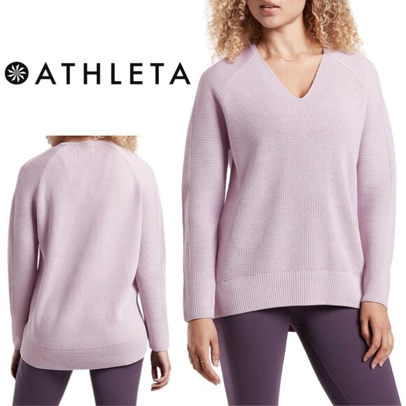 Athleta Sweaters - Athleta, Merino Wool Hanover V-Neck Long Sleeve Sweater, Dove, Lilac, Purple